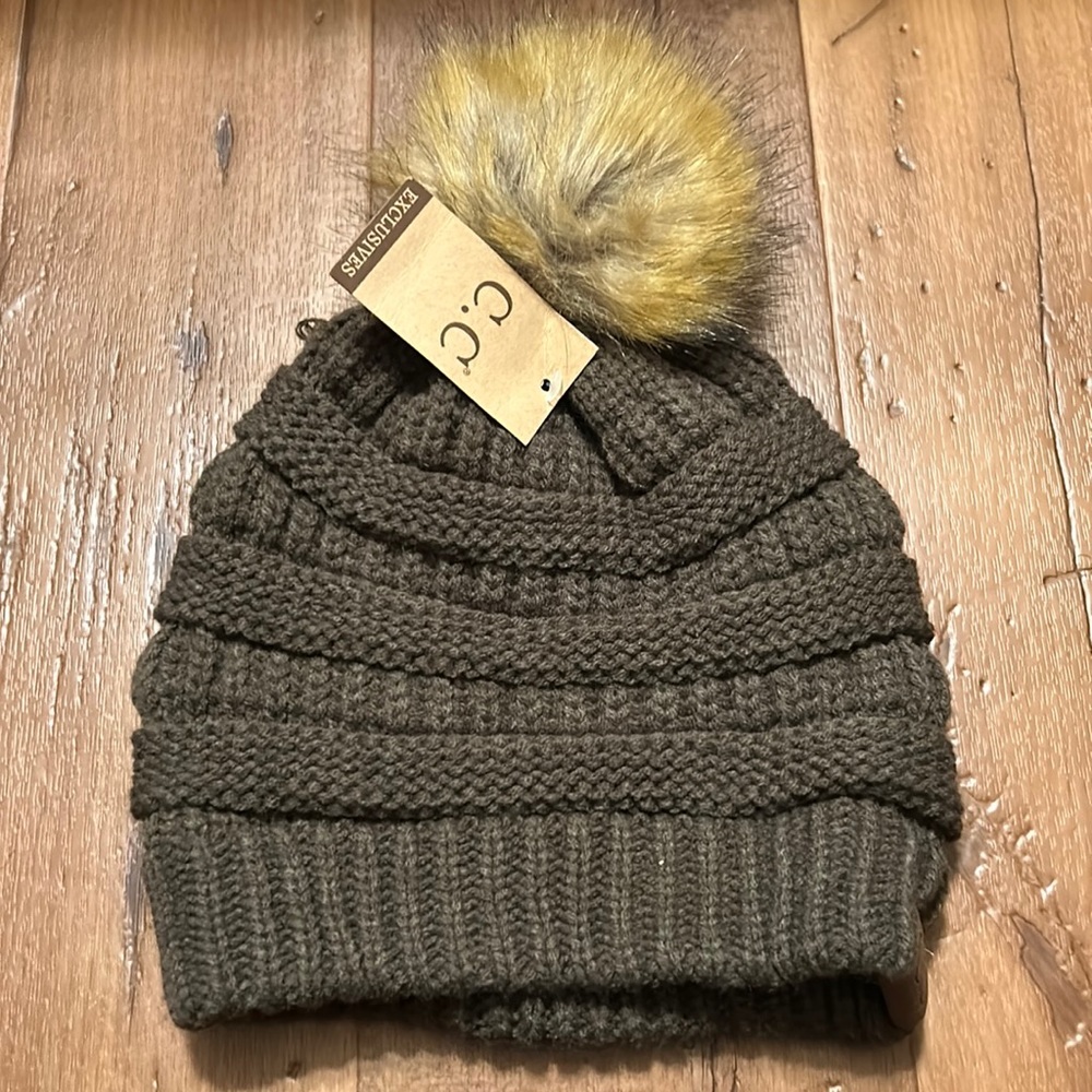 C.C Army Green Beanie with Puff